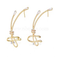 Cubic Zirconia Wrapped Knot Stud Earrings, Golden Brass with Ear Cuff for Women, Nickel Free, Clear, 38.5x11mm, Pin: 0.7mm(EJEW-N012-42)
