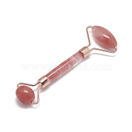Cherry Quartz Glass Massage Tools, Facial Rollers, with Brass Findings, Rose Gold, 13.5~15.3x4~6x2~2.05cm(G-S336-49G)