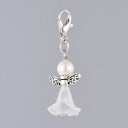 Acrylic Pendants, with Dyed Glass Pearl Beads, Zinc Alloy Lobster Claw Clasps and Alloy Beads, Angel, White, 40mm(X-HJEW-JM00382-01)