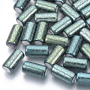 Electroplate Glass Beads, Column with Vine Pattern, Aquamarine, 20x10mm, Hole: 1.2mm, about 50pcs/bag(EGLA-N003-03C)