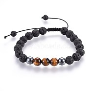 Natural Lava Rock and Non-Magnetic Synthetic Hematite Beads Braided Bead Bracelets, with Natural Tiger Eye, 2-1/8 inch~3 inch(5.3~7.8cm)(X-BJEW-JB03975-25)