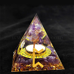 Viking Rune Symbol Orgonite Pyramid Resin Display Decorations, with Natural Amethyst Chips Inside, for Home Office Desk, 50~60mm(DJEW-PW0006-02M)