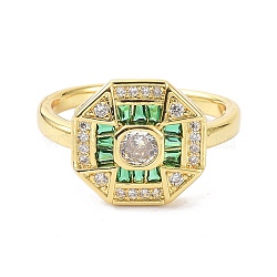 Octagon Real 18K Gold Plated Cuff Ring for Women Jewelry, Brass Micro Pave Cubic Zirconia Open Rings, Light Green, US Size 8(18.1mm)(ZIRC-C021-02G-01)