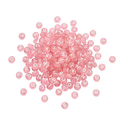 Transparent Acrylic Beads, Flat Round with White Letter A~Z, Pink, 7x4mm, Hole: 1.5mm, about 1000pcs/bag(TACR-TA0001-10J)