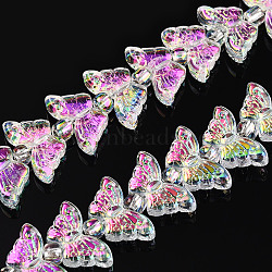 Electroplate Glass Beads Strands, Butterfly, Magenta, 7.5~8x14.5~15x4mm, Hole: 0.8mm, about 66~69pcs/strand, 23.23~24.41 inch(59~62cm), Beads: 3x4mm, Hole: 1mm(EGLA-N012-04P)