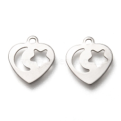 Non-Tarnish 201 Stainless Steel Charms, Laser Cut, Heart with Hollow Moon & Star, Stainless Steel Color, 12x11x0.5mm, Hole: 1.4mm(STAS-B001-12P)