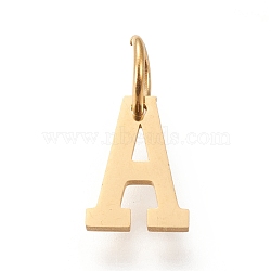 304 Stainless Steel Pendants, with Jump Rings, Manual Polishing, Golden, Letter.A, 10x7x1mm, Hole: 4.5mm(STAS-M276-A26)