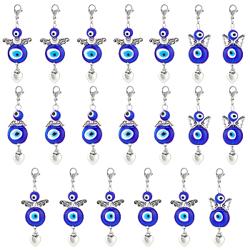 20Pcs Wings & Heart Tibetan Style Alloy Pendant Decorates, with Evil Eye Lampwork Beads & 304 Stainless Steel Lobster Claw Clasps, Medium Blue, 57mm