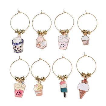 Dessert Theme Alloy Enamel Wine Glass Charms, with Brass Wine Glass Charm Rings and Star Alloy Beads, Mixed Color, 162mm, 8pcs/set