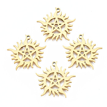 201 Stainless Steel Pendants, Sun with Star, Real 18K Gold Plated, 25x25x1.5mm, Hole: 1.5mm