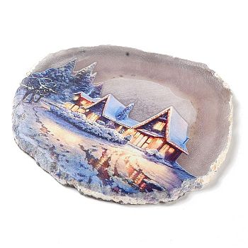 Printed Natural Agate Slice Stone Ornament, for Good Luck Home Office Decor, House, 115~125x110~130x7~8mm