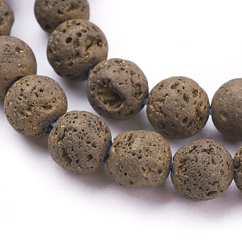 Vacuum Plating Electroplated Natural Lava Rock Bead Strands, Round, Golden Plated, 8~8.5mm, Hole: 1mm, about 48pcs/strand, 15.35 inch(39cm)