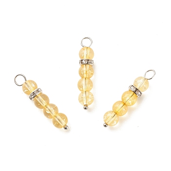 Natural Citrine Pendants, with Platinum Tone Brass Crystal Rhinestone Spacer Beads, 30~34x6.5mm, Hole: 3.3mm