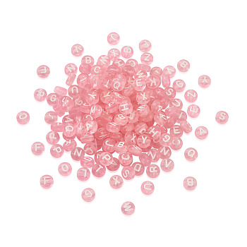 Transparent Acrylic Beads, Flat Round with White Letter A~Z, Pink, 7x4mm, Hole: 1.5mm, about 1000pcs/bag