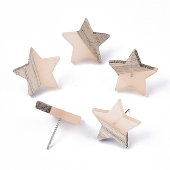 Transparent Resin & Wood Stud Earrings, with 304 Stainless Steel Pin, Star, PeachPuff, 17x18mm, Pin: 0.7mm
