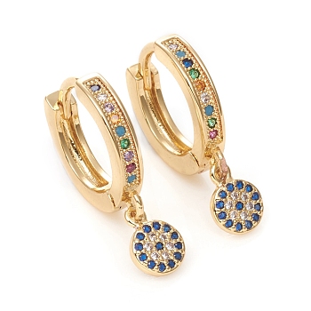 Brass Micro Pave Cubic Zirconia Huggie Hoop Earrings, Long-Lasting Plated, Flat Round, Colorful, Golden, 24mm, Pin: 1mm