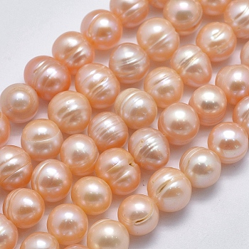 Natural Cultured Freshwater Pearl Beads Strands, Potato, Light Salmon, 9~11x8~9mm, Hole: 0.8mm, about 41~43pcs/strand, 14 inch(35.5cm)