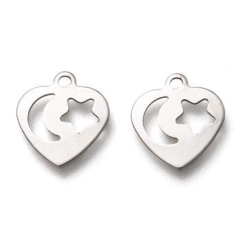 201 Stainless Steel Charms, Laser Cut, Heart with Hollow Moon & Star, Stainless Steel Color, 12x11x0.5mm, Hole: 1.4mm