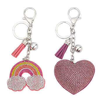 WADORN 2Pcs 2 Styles Velvet Cloth Tassels Keychain, with Rhinestone, Iron Split Key Rings and Alloy Lobster Claw Clasps, Platinum, Heart & Rainbow, Mixed Color, 15.2~16.7cm, 1pc/style