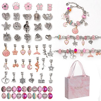 DIY Alloy European Bracelets Making Kits, including Alloy and Resin European Beads, Alloy Enamel Dangle European Charms, Paper Box, Pink