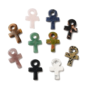 Natural & Synthetic Mixed Gemstone Pendants, Ankh Cross Charms, 29.5~30x20x5~5.5mm, Hole: 5mm
