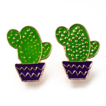 Alloy Enamel Brooches, Enamel Pin, with Brass Butterfly Clutches, Cactus, Light Gold, Cadmium Free & Nickel Free & Lead Free, Green, 23x19x2mm, Pin: 1mm