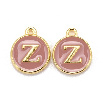 Golden Plated Alloy Enamel Charms, Cadmium Free & Lead Free, Enamelled Sequins, Flat Round with Letter, Pink, Letter.Z, 14x12x2mm, Hole: 1.5mm