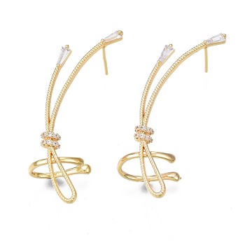 Cubic Zirconia Wrapped Knot Stud Earrings, Golden Brass with Ear Cuff for Women, Nickel Free, Clear, 38.5x11mm, Pin: 0.7mm