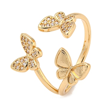 Brass with Cubic Zirconia Open Cuff Rings, Butterfly, Clear, Inner Diameter: 19mm