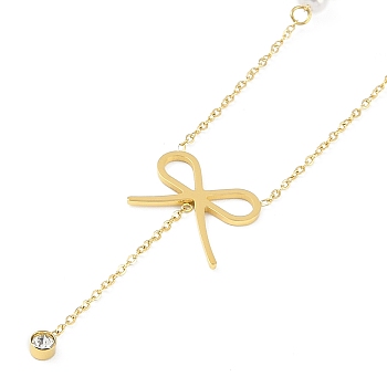 Ion Plating(IP) 304 Stainless Steel Crystal Rhinestone Bowknot Pendant Necklaces for Women, with Plastic Pearl, Golden, 15.94 inch(40.5cm)