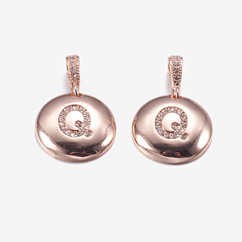 Brass Pendants, with Cubic Zirconia, Cadmium Free & Lead Free, Flat Round with Letter, Rose Gold, Letter.Q, 22mm, Hole: 2x3mm, Pendant: 15x3mm