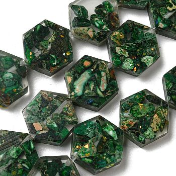 Dyed Natural Imperial Jasper with Resin Beads Strands, Hexagon, Dark Green, 18x16x6mm, Hole: 1.5mm, about 10pcs/strand, 6.93 inch(17.6cm)