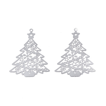 201 Stainless Steel Pendants, Etched Metal Embellishments, Christmas Tree, Stainless Steel Color, 53x39x0.3mm, Hole: 2mm