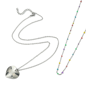 2Pcs 2 Style 201 Stainless Steel Pendant Necklaces Set, Enamel Beaded Chains Necklaces, Heart, 17.52 inch(44.5cm), 15.75 inch(40cm), 1Pc/style