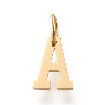 304 Stainless Steel Pendants, with Jump Rings, Manual Polishing, Golden, Letter.A, 10x7x1mm, Hole: 4.5mm