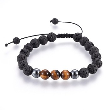 Natural Lava Rock and Non-Magnetic Synthetic Hematite Beads Braided Bead Bracelets, with Natural Tiger Eye, 2-1/8 inch~3 inch(5.3~7.8cm)
