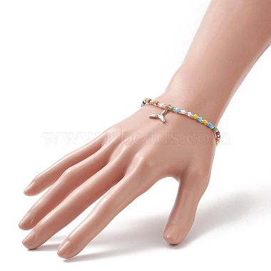 Bracelet extensible en perles de rocaille colorées avec breloques en laiton pour femme(BJEW-JB09218-04)-3