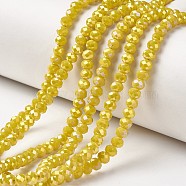 Electroplate Opaque Glass Beads Strands, Full Rainbow Plated, Faceted, Rondelle, Yellow, 6x5mm, Hole: 1mm, about 85~88pcs/strand, 16.1~16.5 inch(41~42cm)(EGLA-A034-P6mm-T09)