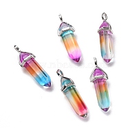 Faceted Bullet Glass Pointed Pendants, with Platinum Plated Brass Findings, Purple, 38~39.5x12.5x10mm, Hole: 5x3mm(KK-E282-01P-06)