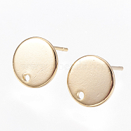Brass Stud Earring Findings, with Hole, Flat Round, Nickel Free, Real 18K Gold Plated, 10mm, Hole: 1mm, Pin: 0.8mm(X-KK-T029-118G)