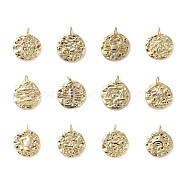 Brass Micro Pave Cubic Zirconia Pendants, with Jump Rings, Flat Round, Colorful, Golden, 12 Constellations, 14~15x2mm, Hole: 3mm(ZIRC-G157-03)