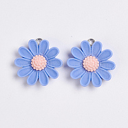 Resin Pendants, with Platinum Plated Iron Findings, Flower, Cornflower Blue, 26.5x25x6.5mm, Hole: 2mm(RESI-TAC0002-29C)