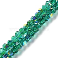 Transparent Electroplate Glass Beads Strands, AB Color, Faceted Lantern, Green, 6x4.5mm, Hole: 1.4mm, about 98pcs/strand, 17.72''(45cm)(GLAA-Q099-H01-02)