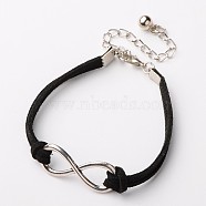Faux Suede Cord Bracelets, with Tibetan Style Alloy Infinity Link, Alloy Lobster Claw Clasps and Iron Chains, Platinum and Antique Silver, Black, 170x6mm(X-BJEW-JB01478-01)