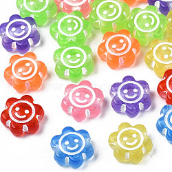Transparent Acrylic Beads, Craft Style, Flower with Smiling Face, Mixed Color, 10x11x5mm, Hole: 2mm(MACR-SZ0001-75)