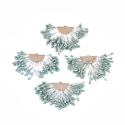 Polycotton(Polyester Cotton) Tassel Pendant Decorations, with Foam and Brass Findings, Fan, Golden, Medium Aquamarine, 40~45x64~68x3mm, Hole: 1.2x2mm(X-FIND-T041-16)