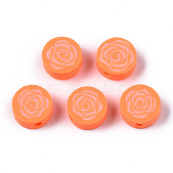 Handmade Polymer Clay Beads, for DIY Jewelry Crafts Supplies, Flat Round with Flower, Coral, 9.5x3.5~5mm, Hole: 1.8mm(CLAY-N008-022H)