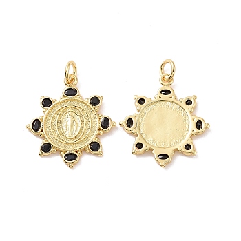 Sun Brass Micro Pave Black Cubic Zirconia Pendants, with Jump Rings, Cadmium Free & Nickel Free & Lead Free, Real 18K Gold Plated, 22x19.5x1.5mm, Hole: 3mm