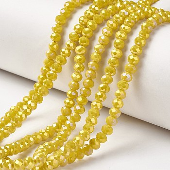 Electroplate Opaque Glass Beads Strands, Full Rainbow Plated, Faceted, Rondelle, Yellow, 6x5mm, Hole: 1mm, about 85~88pcs/strand, 16.1~16.5 inch(41~42cm)