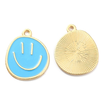 Alloy Enamel Pendants, Golden, Flat Round with Smiling Face Charm, Sky Blue, 24.5x20x1.5mm, Hole: 2mm